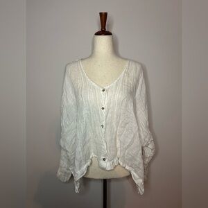 GRIZAS White Linen Button Up Flowy Crop Top Blouse